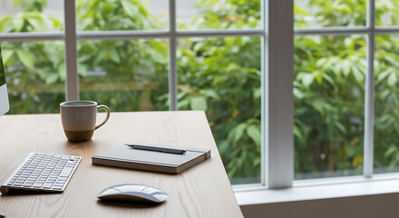 Fototapeta premium Ai generated image of a desk with a notebook, pen, mouse, and mug near a window with greenery