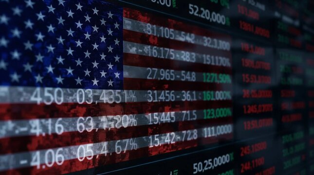 A stock market display showing the U.S. flag and financial data, with numbers in English on it The background is blurred to highlight details of an American wallpaper design with the U.S Generative AI - Powered by Adobe