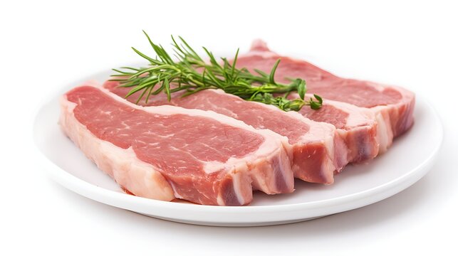 Three raw pork chops on a white plate garnished with rosemary sprigs on a clean white background studio shot