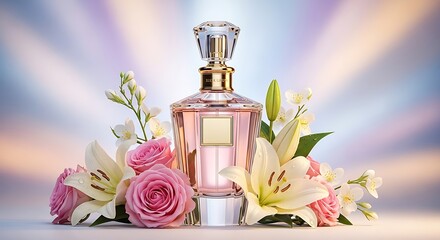 Elegant perfume bottle surrounded by delicate roses and graceful lilies backdrop