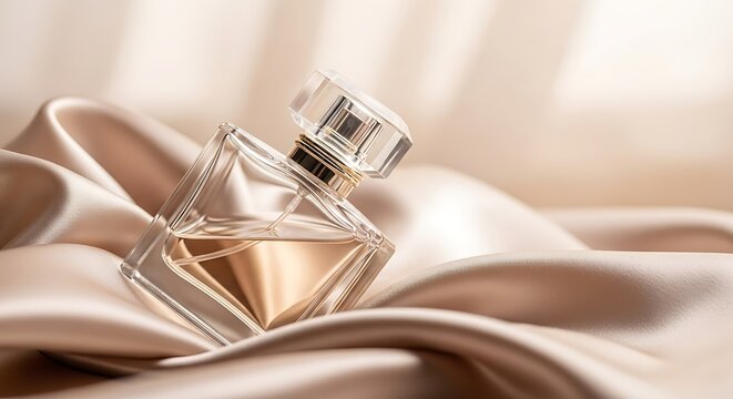 Elegant perfume bottle on satin fabric for beauty product presentation and marketing promotions