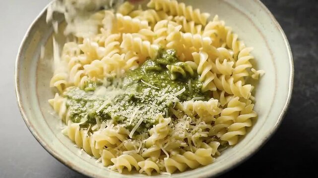 Delicious pasta recipe with pesto sauce easy cooking italian food homemade meal quick dinner vegetarian dish stop-motion video 4k