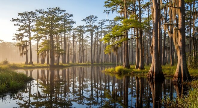 Serene Cypress Swamp Landscape with Water Reflection in the Early Morning Light - Powered by Adobe