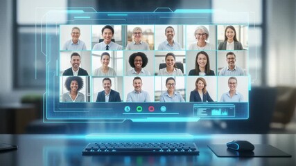Futuristic virtual conference interface showcasing diverse participants and advanced technology - Powered by Adobe