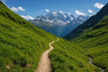 Winding Path in the Mountain Valley: A scenic hiking trail meanders through a lush green valley, leading the viewer towards majestic snow-capped mountains under a clear blue sky.