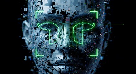 Advanced AI biometric scanning on a glitching android head, symbolizing digital identity and technological surveillance.