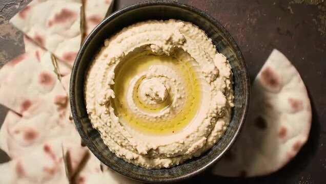 Delicious hummus recipe easy homemade hummus dip with olive oil and bowl tasty food appetizer stop-motion video 4k