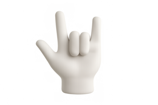 Transparent background 3d cartoon hand in white making rock and roll gesture, perfect for music, entertainment, and concert-themed designs