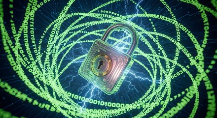 Cybersecurity concept illustrating a secure padlock within a digital vortex of glowing binary code, representing data encryption and protection.