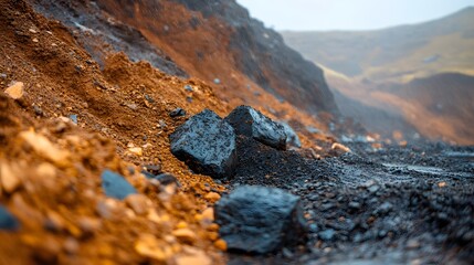 Raw, elemental landscape featuring dark, wet rocks and reddish-brown earth under rainfall, creating a dramatic Disaster Background. The scene evokes a mineral-rich environment.