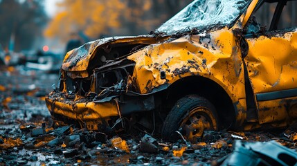 Obraz premium Devastating car accident. Severely damaged yellow vehicle after a crash, showcasing destruction and crumpled metal. Disaster Background perfect for illustrative purposes. Safety concept.