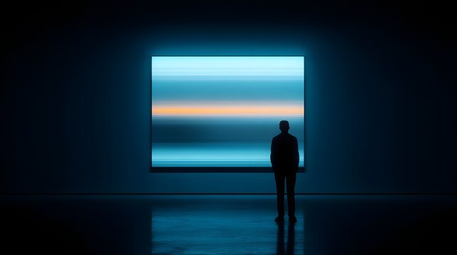 A person contemplating a minimalist abstract artwork in a dark gallery, a concept for modern art and NFTs
