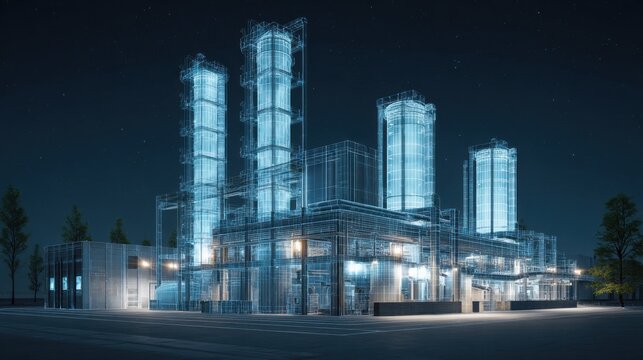A view of the exterior of a modern facility housing multiple depolymerisation reactors illuminated by natural light demonstrating the integration of sustainable technology in the recycling