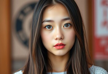 A young Asian lady with long brown hair and expressive brown eyes, brown hair, heritage