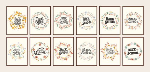 Back to school simple poster big set. Trendy school banners, backgrounds. Modern design with school supplies, education stickers, doodle. Back to school, college, study concept.