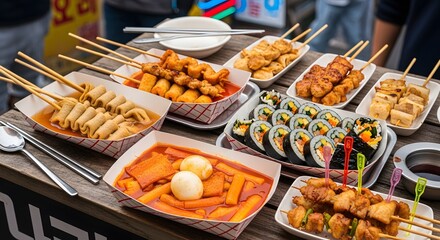 A vibrant and delicious assortment of traditional Korean street food, including tteokbokki, kimbap, and odeng skewers at an outdoor market.