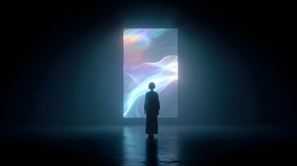 A person in a futuristic gallery looking at a glowing digital artwork, a concept for NFTs and the metaverse

