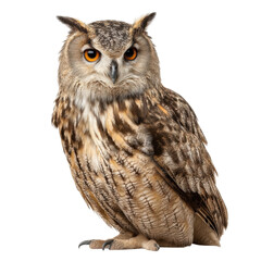 Fototapeta premium Majestic Owl with Striking Eyes Perched Against White Background