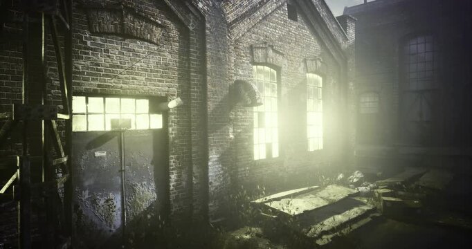 An old factory structure is enveloped in dim light, with broken windows revealing a haunting atmosphere. Overgrown plants and debris surround the entrance, showcasing years of neglect.