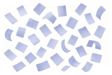 Purple office documents falling and swirling on a transparent background, creating a dynamic and chaotic scene