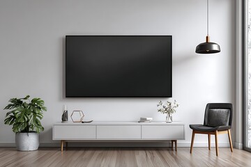 Modern minimalist living room with sleek TV and comfortable seating, inviting relaxation