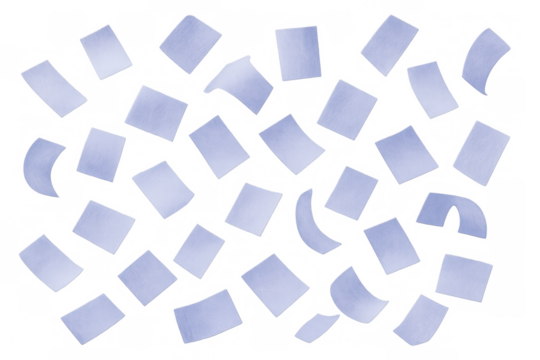 Purple office documents falling and swirling on a transparent background, creating a dynamic and chaotic scene