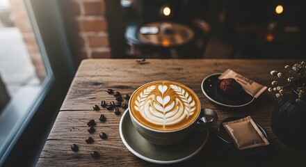 A cup of hot latte coffee with beautiful heart-shaped art on a rustic wooden table in a cozy cafe