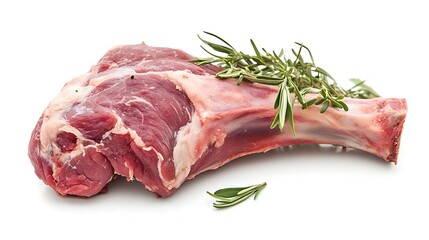 A raw lamb chop with bone and rosemary sprigs on a white background ready for cooking preparation