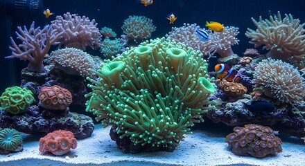 Vibrant coral reef ecosystem teeming with diverse marine life in a tropical aquarium