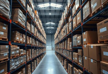 Fototapeta premium Overhead view of warehouse interior, aisles of stacked boxes, cargo, shipping