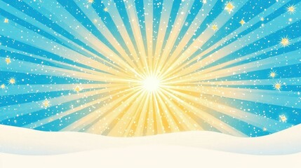 Bright sunrise rays abstract winter morning sky. Sunlight and snow in a cheerful atmosphere. Sky, sun, rays, snow, and morning form a bright, abstract winter landscape, digital illustration, festive