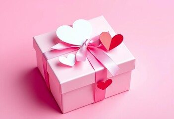 Elegant gift box adorned with paper hearts on pink background,  pink,  romantic