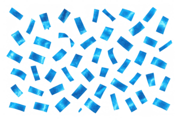 Vibrant blue confetti cascading over transparent backdrop, enhancing celebratory graphics with dynamic festive element and playful visual texture