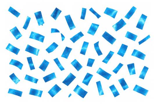 Vibrant blue confetti cascading over transparent backdrop, enhancing celebratory graphics with dynamic festive element and playful visual texture