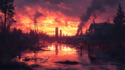 Fototapeta premium Apocalyptic disaster background showcasing destruction with flooded structures, fiery skies, and silhouettes. Evokes desolation and environmental catastrophe. Ideal for conveying crisis themes.