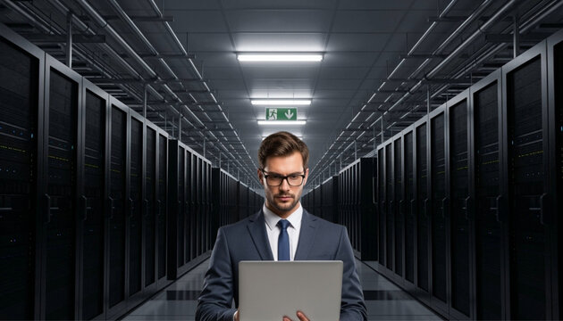 A portrait of a businessman standing with a laptop in front of a data center. - Powered by Adobe