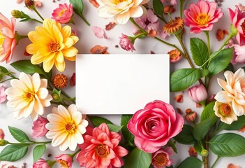 Blank white greeting card mockup with floral background, invitation, overhead