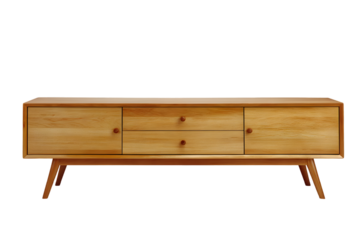 Light brown wooden entertainment center with drawers and doors.