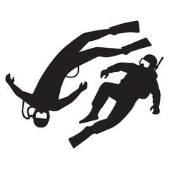 A black and white silhouette illustration depicting two scuba divers in a minimalist underwater scene. 