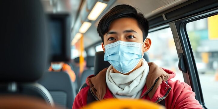 Asian young adult in face mask, taxi, identity scan, public transport,  public transportation,  face mask