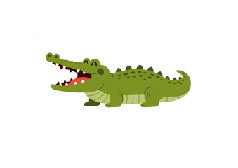 Fototapeta premium A cheerful cartoon crocodile character with its mouth wide open. Funny green reptile mascot illustration.