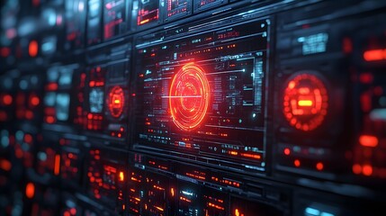 Obraz premium Futuristic command center featuring glowing data visualizations and intense blue and red accents, creating a high-tech Disaster Background. Perfect for technology concepts.