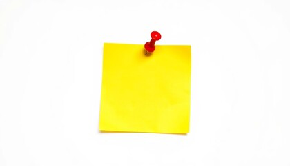 A vibrant yellow sticky note pierced by a red pushpin on a clean white background,  concept,  colorful
