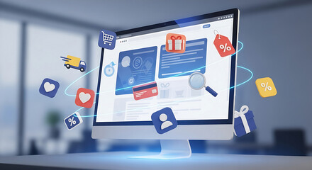 Visual representation of a dynamic online shopping platform with interactive digital elements