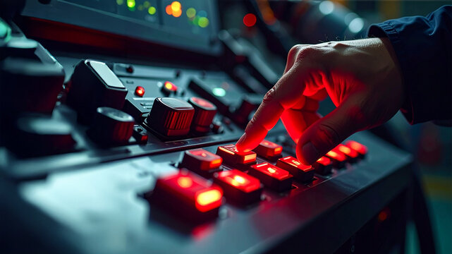 A close-up of a human hand pressing a glowing red button on a complex industrial control panel. This image suggests precision, control, automation, and critical action in a modern technology environme
