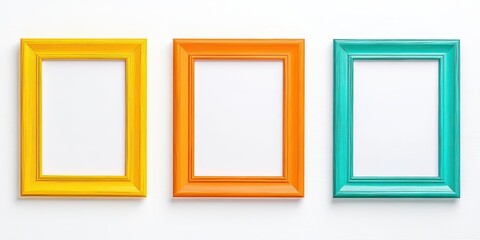 Colorful modern empty frames art mockup display on blank wall. Empty decor frames form a modern art display. Mockup arrangement, vibrant gallery style, decor template, creative background,