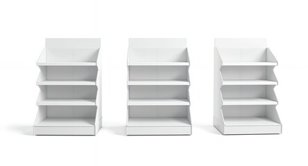 Three blank white retail display shelves product mockup store shelving empty shelves tiered