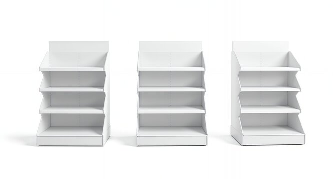 Three blank white retail display shelves product mockup store shelving empty shelves tiered