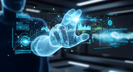 Glowing Blue Hand Interacting with Digital Interface Technology