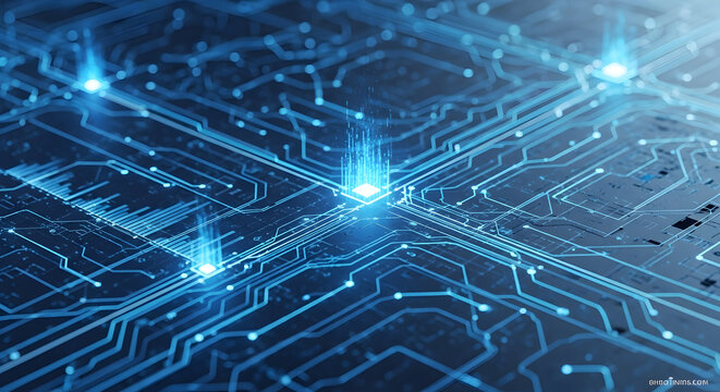 Abstract Glowing Blue Circuit Board Pattern Technology Backdrop - Powered by Adobe